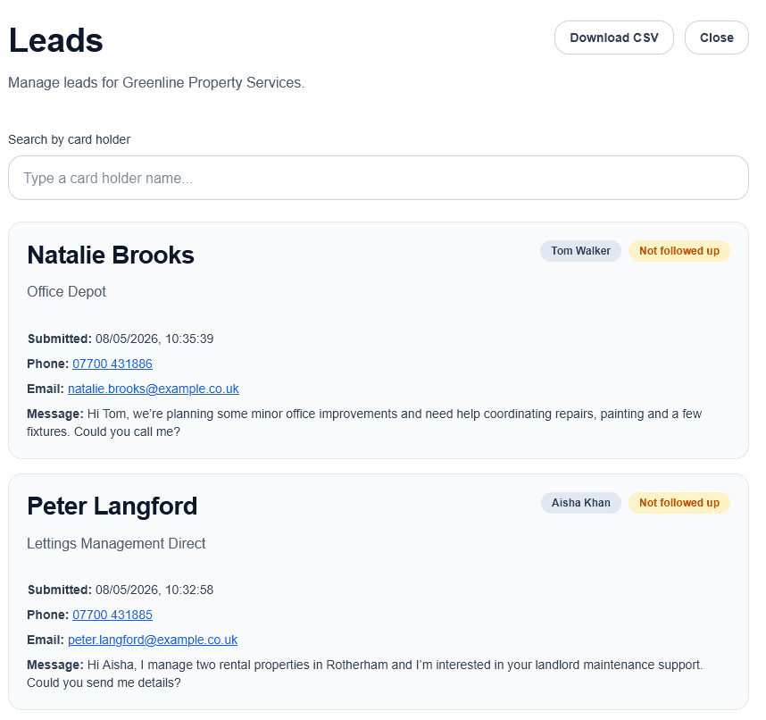 Lead management dashboard showing collected enquiries for business cards